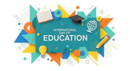 Colorful international day of education graphic with books, globe, and learning symbols in abstract design