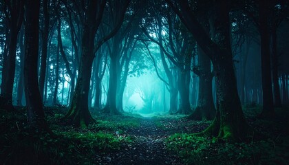 Eerie, atmospheric pathway through a dark, foggy, ancient forest