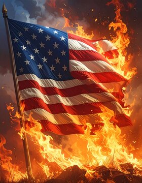 Dramatic view of American flag engulfed in flames
