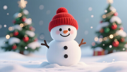 Fototapeta premium A cheerful snowman smiling beside a softly lit Christmas tree
