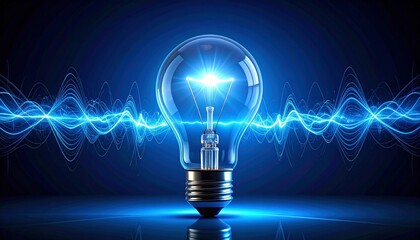 Glowing blue light bulb with electric wave on dark background.