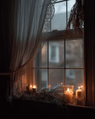 Fototapeta premium Window with candles and fir branches glowing in soft evening light. Concept winter calm, warm atmosphere, quiet holiday mood.