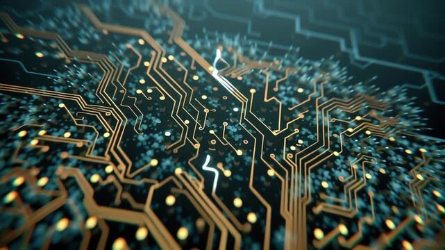 Energy consumption ai inspired circuit board pattern with glowing traces and microchip details gold circuit tree network connecting data centers