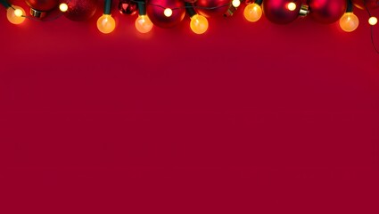 Festive Holiday Ornaments and Lights on Red Background for Christmas