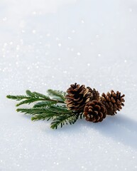 Snowy Scene with Pine Cones and Green Sprigs on Shimmering Background