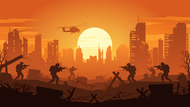 Silhouettes of soldiers in a war-torn city at sunset with a helicopter flying over destroyed buildings, depicting a post-apocalyptic scene.