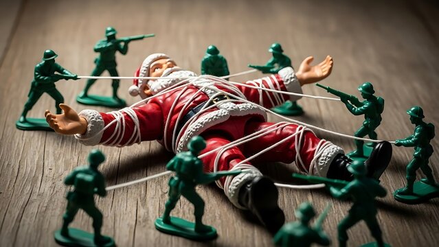 Miniature Green Toy Soldiers Capturing a Tied Up Santa Claus Figurine in a Conceptual War Scene