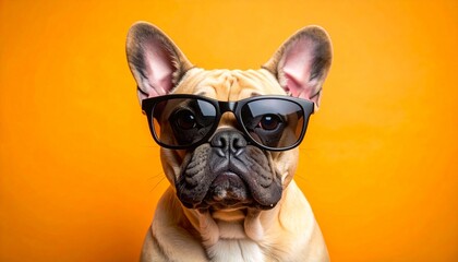 French Bulldog wearing sunglasses on bright orange background, humorous and stylish.