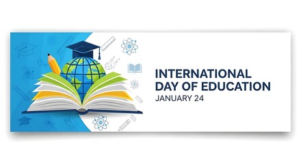 International day of education january 24 banner with open book, globe, and graduation cap