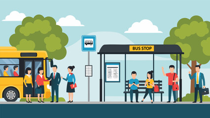 People waiting and boarding a yellow public bus at a city bus stop illustration. © PDWN Creative