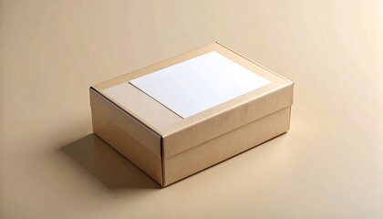 Closed cardboard box with blank label on neutral surface and background, minimal and clean.