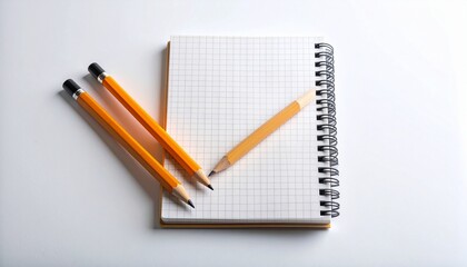 Spiral notebook with grid paper and three yellow pencils on white surface, clean and academic.