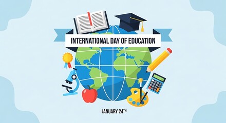 Colorful international day of education illustration with globe, books, and school supplies on january 24