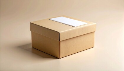 Closed cardboard box with blank label on neutral surface and background, minimal and clean.