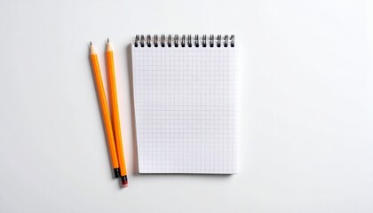 Open graph notebook with two yellow pencils on white surface, clean and academic.