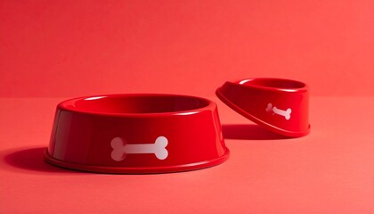 Two red dog bowls with white bone icons on red background, one upright, one tilted.