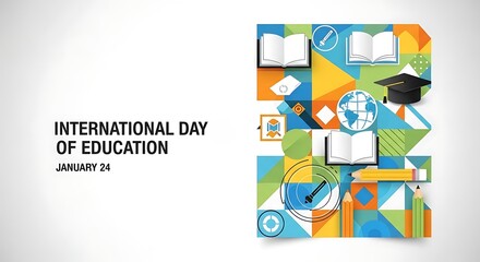 International day of education january 24th celebration with books, graduation cap, and learning icons