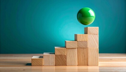 Wooden staircase of blocks with green sphere on top, teal gradient background and tabletop surface.