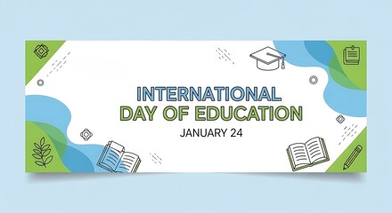 Colorful international day of education banner with january 24 date and school icons
