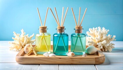 Three reed diffusers with colored liquids on wooden tray, surrounded by coral, shells, and pebbles.