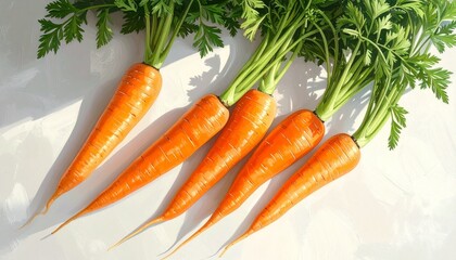 Five fresh carrots with green tops on light surface, vibrant orange color and natural texture.