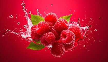 Fresh raspberries with green leaves in red liquid splash on red gradient background, juicy and vibrant.