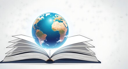 Open book with globe representing global knowledge and education isolated on white background