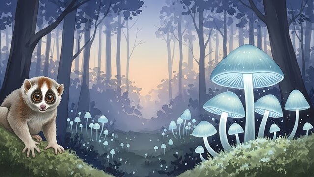 Whimsical Bioluminescent Mushroom Forest | Cute Slow Loris in Mystical Woodland Illustration