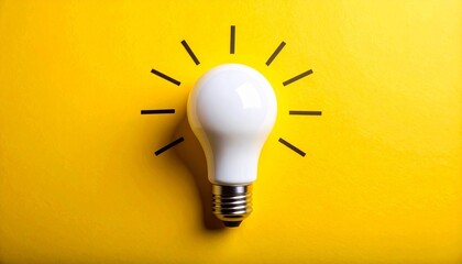 White LED bulb on yellow background with black lines radiating outward, symbolizing bright idea and creativity.