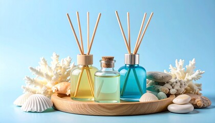 Three reed diffusers with colored liquids on wooden tray, surrounded by coral, shells, and pebbles.