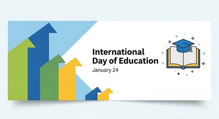 International day of education january 24 banner with graph, book, and graduation cap isolated on white background