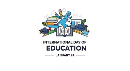 Colorful international day of education illustration with books and digital devices isolated on white background