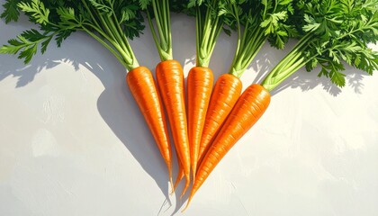 Five fresh carrots with green tops on light surface, vibrant orange color and natural texture.