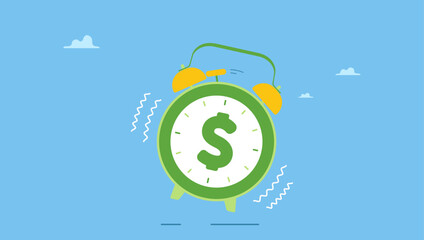 Ringing alarm clock with dollar money sign on clock face. Time for money, making profit from investment, promotion alert for bargain deal, bill payment or deadline to start building wealth.