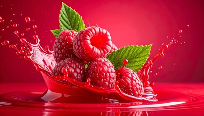 Fresh raspberries with green leaves in red liquid splash on red gradient background, juicy and vibrant.