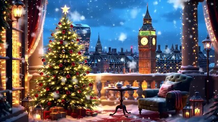 A Magical Snowy Christmas Balcony Scene Overlooking Big Ben and London's Skyline with Twinkling Lights - Powered by Adobe