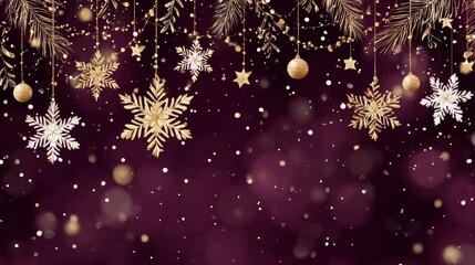 Fototapeta premium Luxurious festive Christmas pattern with rich red background, golden ornaments, sparkling glitter, snowflakes, ribbons, tinsel, baubles, glowing bokeh and elegant holiday motifs.