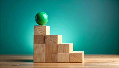 Wooden staircase of blocks with green sphere on top, teal gradient background and tabletop surface.