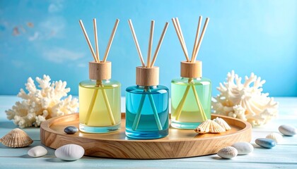 Three reed diffusers with colored liquids on wooden tray, surrounded by coral, shells, and pebbles.