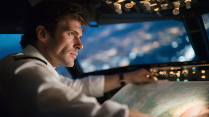 A pilot checking navigational charts showing miles of airspace between departure and destination, cockpit cockpit lights glowing against the night sky — aviation precision, long-haul travel, and