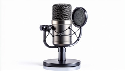 Studio microphone with shock mount on plain white background, isolated and professional.