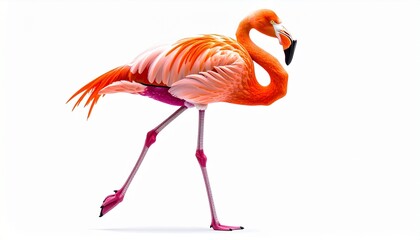 Vibrant flamingo standing on one leg against white background, elegant posture and vivid feathers.
