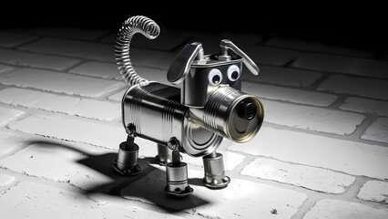 Whimsical Scrap Metal Dog with Camera Lens Eye | Industrial Robot Puppy Art