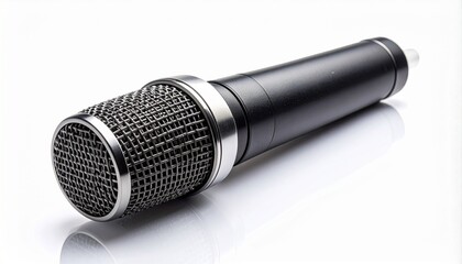Studio microphone with shock mount on plain white background, isolated and professional.