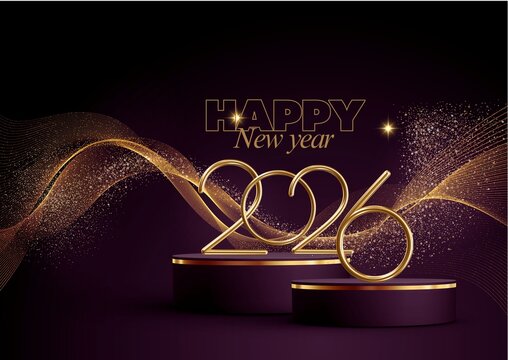 purple And Gold Glitter Luxury Happy New Year Card, Golden 2026 new year celebration with fireworks and glittery waves on black background, Happy New Year Background Design, illustration, vectors
- Powered by Adobe
