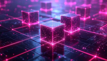 Futuristic digital network with glowing pink cubes on dark grid circuit background.