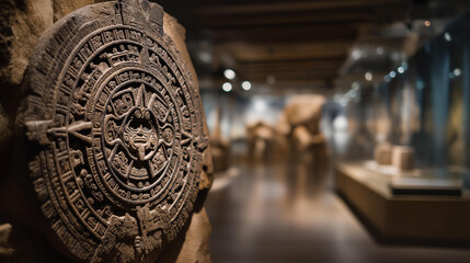 A close-up of a carved Aztec ceremonial stone disk, glyphs depicting solar cycles and mythological deities illuminated by soft gallery lighting — ancient iconography, cosmological interpretation,