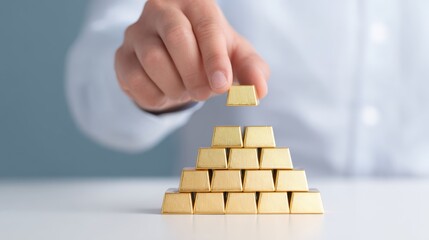 Building Financial Stability: Hand Placing Gold Block on Asset Diversification Pyramid Model