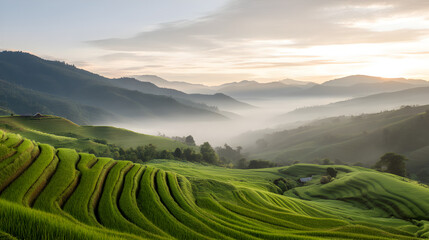 Fototapeta premium Sunrise over Terraced Hills: A breathtaking panoramic vista unfolds, showcasing verdant terraced hills bathed in the soft glow of dawn, with gentle fog weaving through the valleys.