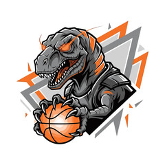 Fototapeta premium Dynamic T-Rex Basketball Mascot with Glowing Orange Eyes and Geometric Background
